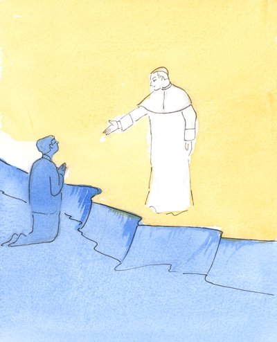 Papa John Paul, yardımını istediğimizde, selam vermek için elini uzatarak cennette duruyor, 2006 (kağıt üzerinde w/c) by Elizabeth Wang