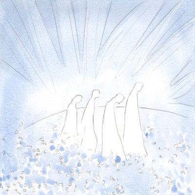 Arınmış ruhlar şimdi bir çiçek halısı üzerinde, neşe ve sadelik içinde, tüm alaycılık ve katı yürekliliklerden kurtulmuş olarak yürüyor., 2001 (kağıt üzerinde w/c) by Elizabeth Wang