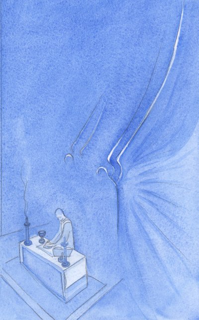 Sunağın arkasında duran iki kutsal melek: uzun, harika, ateş ışığında bir şekil olarak güzel, baş ve kanatta parıldayan altın, 2001 (kağıt üzerinde w/c) by Elizabeth Wang