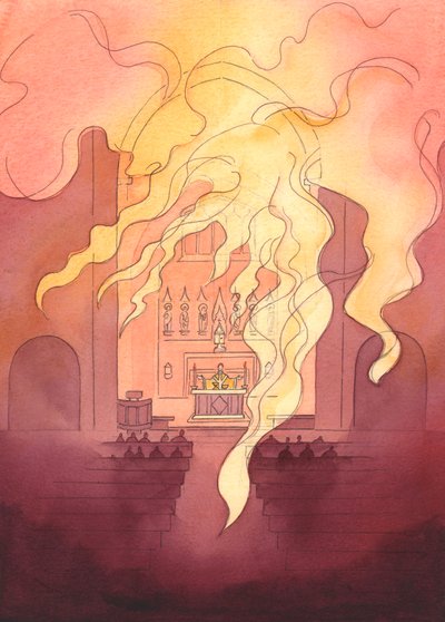 Kutsal ve Görkemli Tanrı, tüm binaya yayılan alevli bir ateş gibi, kutsal alanımızda bizimle birliktedir, 2003 (kağıt üzerinde w/c) by Elizabeth Wang