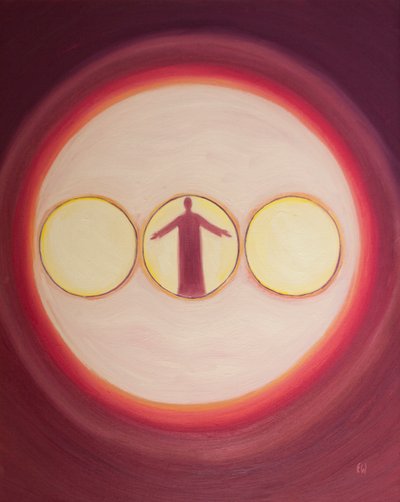 Kutsal Üçlü, merkezde Tanrı-insan Mesih ile Üçlü Işık olarak görülebilir, 2003 (gemide petrol) by Elizabeth Wang
