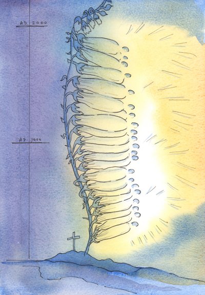 Kilise, her çağda çiçek açmak için kutsallığın canlı sürgünlerini söndürür, 2003 (kağıt üzerinde w/c) by Elizabeth Wang