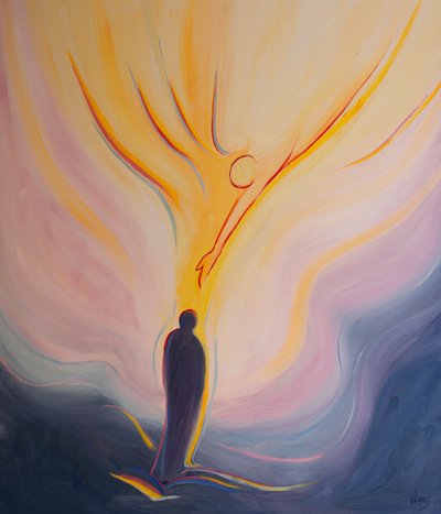 Kutsal Ruh, cennetten gelen ateş gibidir, bize sevgisini, saflığını, bilgeliğini ve gücünü getirir, 2002 (gemide yağ) by Elizabeth Wang