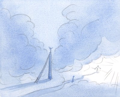 Sabırsız ruh (İsa bana gösterdi) alçak, dar yolu sürekli takip etmek yerine ışığı zorlayarak yüksek bir kule inşa eder., 2001 (kağıt üzerinde w/c) by Elizabeth Wang