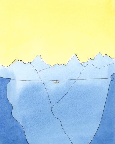 Yaşamdan ölüme yolculuk, iki dağ arasındaki teleferikte olmak gibidir, 2004 (kağıt üzerinde w/c) by Elizabeth Wang