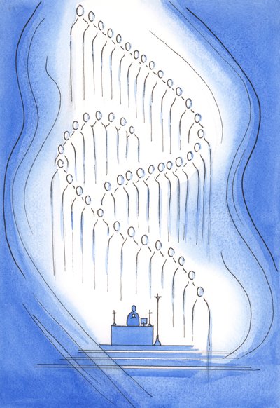 Azizler kutsal alanda bizimle birlikte, 2001 (kağıt üzerinde w/c) by Elizabeth Wang