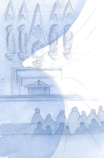 Bütün kilise binası Meleklerle dolu; her an fırçalıyoruz., 2001 (kağıt üzerinde w/c) by Elizabeth Wang