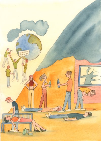Dünyevi yaşam için kirlilik ve kıtlık gibi birçok tehlike vardır, 2004 (kağıt üzerine suluboya) by Elizabeth Wang