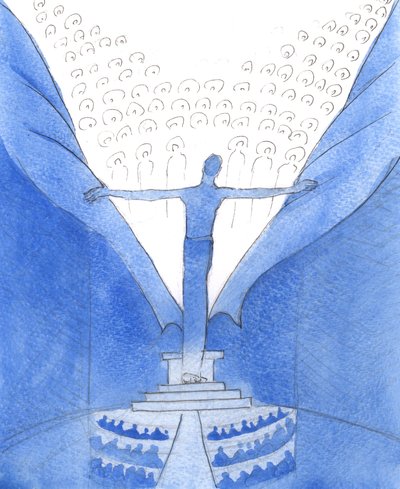 Onun aracılığıyla, Onunla: Aramızda bulunan Mesih, bizi cennetten ayıran perdeyi yırtıyor, 2005 (kağıt üzerine suluboya) by Elizabeth Wang