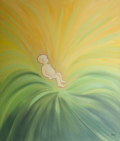 Vaftiz yoluyla İlahi Hayat bir çocuğun kalbine dökülür ve başkalarına yayılır, 2001 (gemide yağ) by Elizabeth Wang
