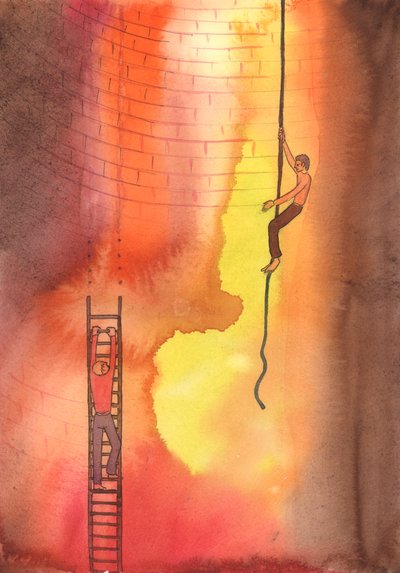 Büyük günahta kapana kısılmış biri için aracılık etmek, aşağıda sadece Cehennem olan, kırık bir merdivende mahsur kalan bir adama el uzatmaya benzer., 2004 (kağıt üzerinde w/c) by Elizabeth Wang