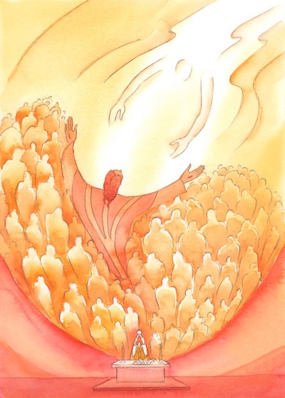 Kutsal Ayin Kurbanında, 2004 (kağıt üzerinde w/c) İsa ile dua ettiğimizde hayret verici bir gücümüz var. by Elizabeth Wang