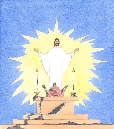 Bir rahip büyük bir günah işlediğinde ve tövbe etmediğinde, görevlerini yerine getirirken dokunduğu her şeyi kirletmiş gibi olur, 2005 (kağıt üzerine suluboya) by Elizabeth Wang