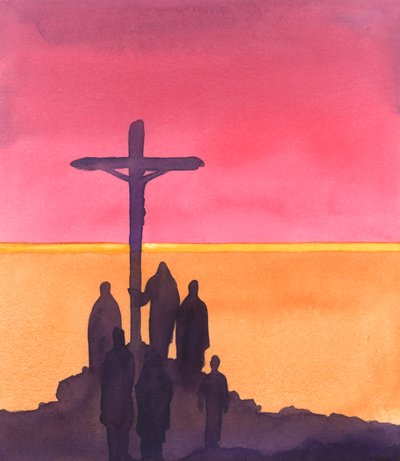 Yaşam Prensi "Baba, onları bağışla" diyerek ağaca asıldığında, birkaç sempatik izleyici onun yanında kaldı, 2005 (kağıt üzerine suluboya) by Elizabeth Wang