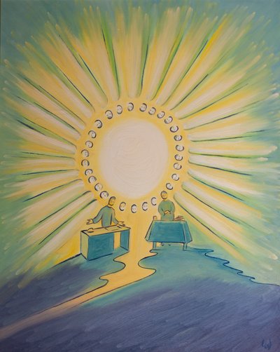 İki kişi Mesih adına dua ettiğinde, aralarında mesafeler olsa bile, azizler birliğinde birleşirler, 2003 (gemide yağ) by Elizabeth Wang