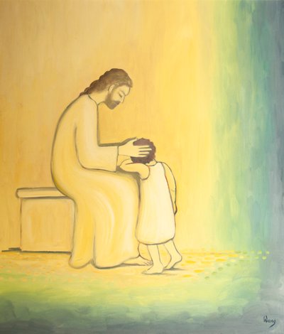 Günahlarımızdan tövbe ettiğimizde, İsa Mesih tıpkı bir annenin çocuğunu kucakladığı zamanki gibi bize şefkatle bakar, 2001 (gemide yağ) by Elizabeth Wang