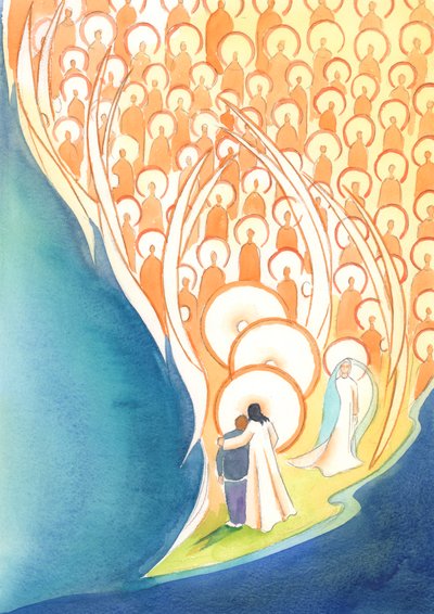 Ne zaman İsa adına dua etsek, karanlıkta veya yalnızlıkta bile, tüm Cennet şirketinin hayatını paylaşırız, 2004 (kağıt üzerinde w/c) by Elizabeth Wang