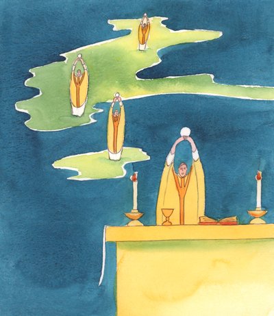 Katolik bir rahibin Kutsal Ayin Kurbanını sunduğu her yerde, Halkıyla Birlikte Hazır Bulunan İsa Mesih vardır, 2000 (kağıt üzerinde w/c) by Elizabeth Wang