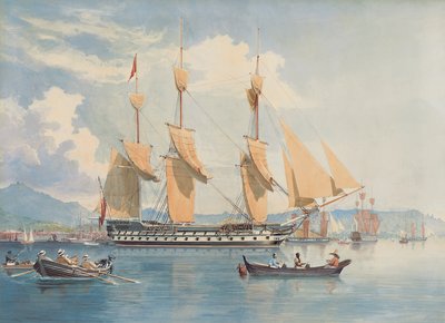 HMS Ganj demirde uzanıyor ve yelkenlerini Rio de Janeiro açıklarında kurutuyor by Emeric Essex Vidal