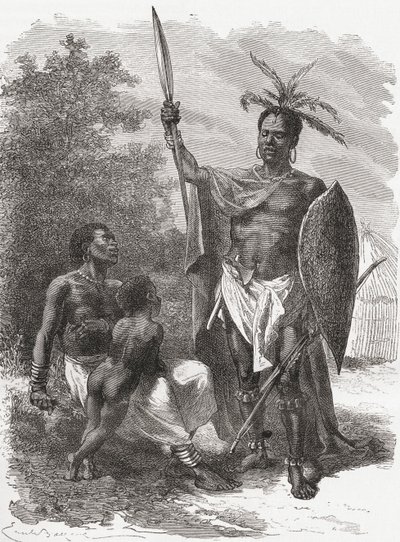 Ougogo, Orta Afrika yerlisi, savaş elbisesi içinde, 1878