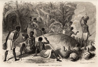 Karague'de (bugünkü Zimbabwe'de Victoria Gölü'nün batısında) pombe'nin tadımı (fermantasyon yoluyla alkollü içecek), Emile Bayard (1837-1891) tarafından çizim, Kaptan Speke'nin 1860'tan 1863'e kadar Afrika'daki keşif yolculu by Emile Antoine Bayard