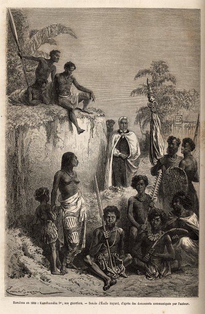 Hawai Adaları kralı ve birliklerinin kurucusu I. Kamehameha (yaklaşık 1758-1819), Emile Bayard'ın 1855-69'da Sandviç Adaları'na yaptığı yolculuğu gösteren çiziminden sonra Honolulu'daki Hawai savaşçılarını ve bazı denekleri kuşattı. , C tar by Emile Antoine Bayard
