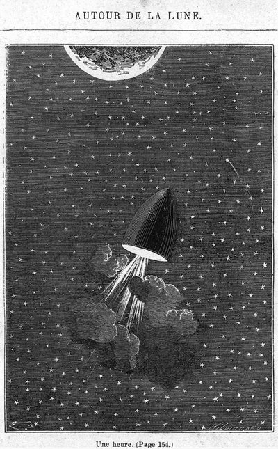 Ay'a Gitmek, Jules Verne (1828-1905) tarafından 'Ayın Çevresi'nden bir illüstrasyon, Paris, Hetzel, Henri Theophile Hildibrand tarafından oyulmuş (1824-97) by Emile Antoine Bayard