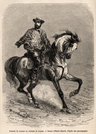 Yazarın bineği üzerinde, seyahat kostümü giymiş portresi, Emile Bayard