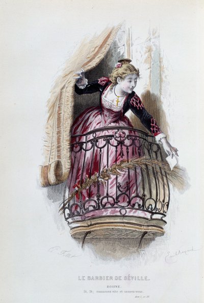 Rosine in “The Barber of Seville” by Pierre Augustin Caron de Beaumarchais (1732-1799), drawings by Emile Bayard (1837-1891) by Emile Antoine Bayard