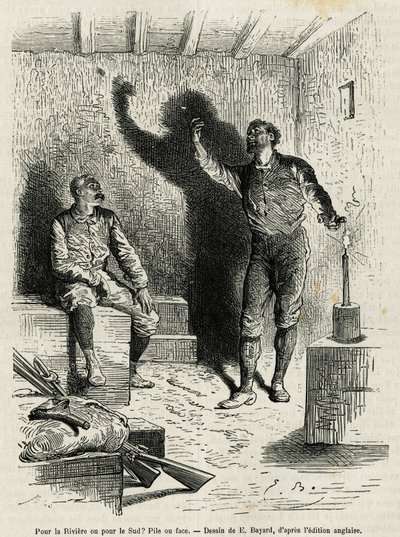 Sir Henri Morton Stanley (1841-1904) ve keşif arkadaşı Franck Pock, “Gizemli Kıtada” (Ekvator Afrikası) hikayesini göstermek için Emile Bayard tarafından çizilen yolculuklarının güzergahının bir yığınını veya yüzünü belirlediler. bir yolculuk c by Emile Antoine Bayard