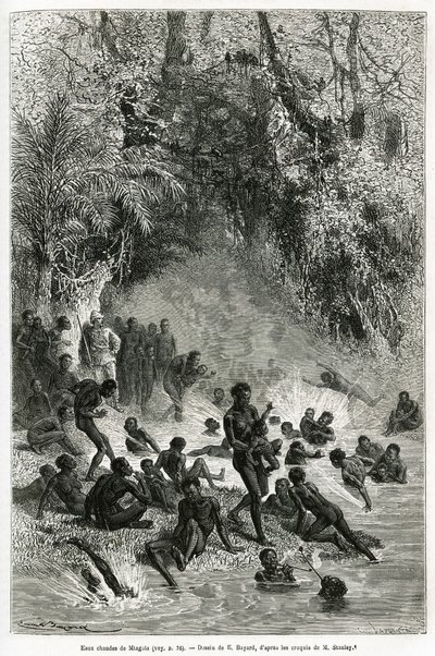 Sör Henri Morton Stanley (1841-1904), Karagoue bölgesinin (Kamerun) yıkananlarının ortasında, Mtagata vadisinin sıcak ve tıbbi su havzasına dalan, Emile Bayard tarafından çizilen, “Gizemli İçinden” hikayesini resmetmek için. Kıta”, bir by Emile Antoine Bayard