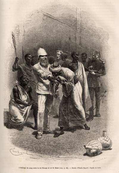 Kral Rioonga ve Sir Baker arasında kan alışverişi, bol miktarda muz şarabı içtikten ve bir geceyi izleyerek ve genç yaşta geçirdikten sonra, tören gerçekleşir, her biri sırayla ön kollarını keser ve bir damla kan içer, ardından Rioonga Vakil P by Emile Antoine Bayard
