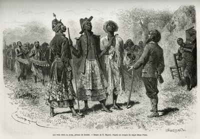 Üç şef (veya sova), Dombe (Angola) prensleri ve müzisyenler ve saraylılardan oluşan süit, kaşif S.Pinto ile buluşmaya geliyor. Afrika'yı Atlantik Okyanusu'ndan Hint Okyanusu'na nasıl geçtiğimi anlatmak için Emile Bayard'ın gravürü by Emile Antoine Bayard