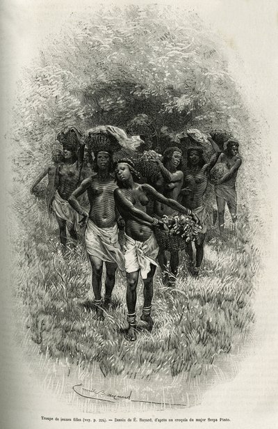 S.Pinto ve adamlarının ikmali için yiyecekle dolu sepetler taşıyan genç kız birliği. Atlas Okyanusu
