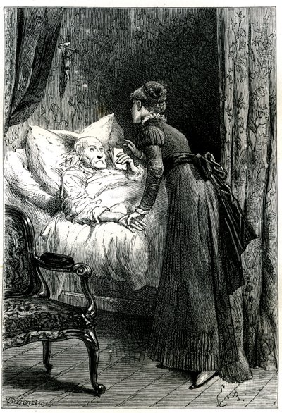 Duvarda asılı bir haç altında yatağında ölen yaşlı bir adama bakan genç bir kadın. Ölen adam son tavsiyelerini (vasiyetini) eliyle tutar. Emile Bayard tarafından Jules Sandeau