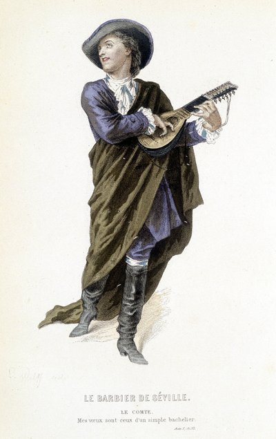 the Count Almavira in “Le barbier de Seville” in “Oeuvres completes de Beaumarchais”, ed. Laplace Sanchez & cie, Paris by Emile Antoine Bayard