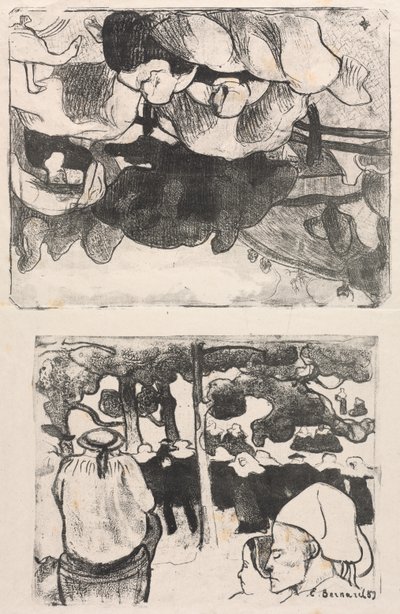 Les Bretonneries: Saman Yığınları Yapan Breton Kadınlar (Bretonnes Faisant les Foins) ve Brittany'de Düğün (La Noce en Bretange) by Emile Bernard