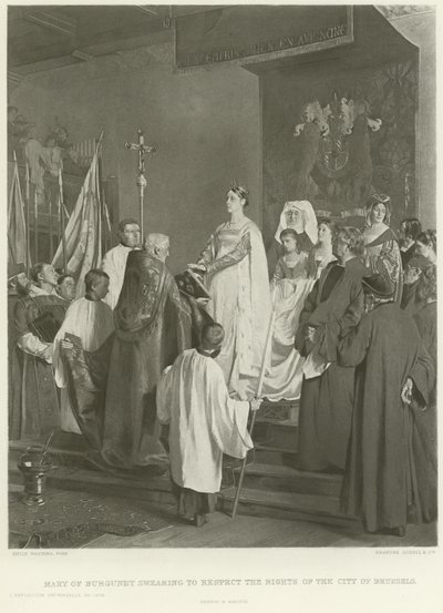 Mary of Burgundy, Brüksel şehrinin haklarına saygı duyacağına yemin ediyor (gravür) by Emile Charles Wauters