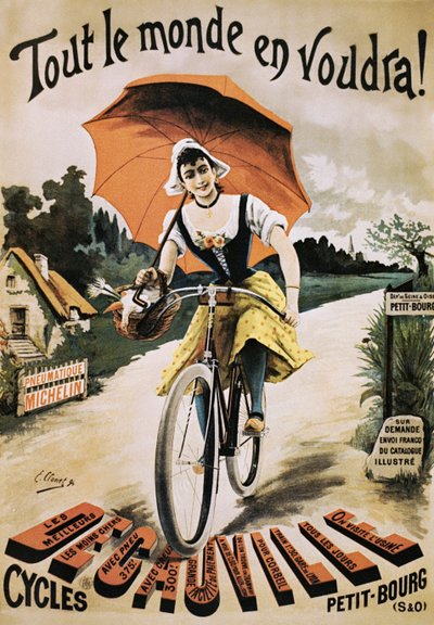 Kırmızı şemsiye tutan bisiklete binen kadının VINTAGE poster by Emile Clouet