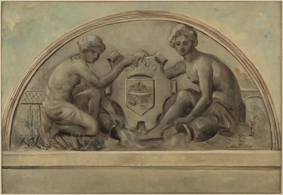 Alfortville okul kompleksinin alınlığı için eskiz: Alfortville armasını çerçeveleyen Seine ve Marne nehirleri, 1898 (tuval üzerine yağlıboya) by Emile Delbos