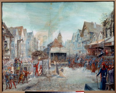 Yüz Yıl Savaşı: “” Joan of Arc (1412-1431) kasapta yönetiliyor”” (Rouen'de Place du Vieux-Marche). Emile Deshays'ın (1875-1946) 1901 tablosu. Güneş. 0,73x0,6 m Rouen, Güzel Sanatlar Müzesi Dikkat! Bu çalışmanın kullanımı, üçüncü şahısların yetkisin by Emile Deshays