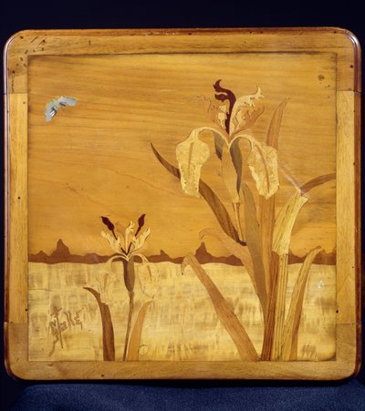 Art Nouveau style table, by Emile Galle (1846-1904), walnut with veneer finish and various woods, detail, France, 20th century by Emile Galle