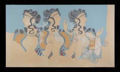 Knossos'taki Minos Sarayı'ndan restore edilmiş Mavi Fresk Giymiş Hanımların Tablosu (Evans Fresk Çizimi O/7) by Emile Gilliéron