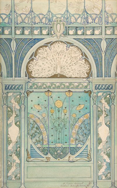 Restoran için Tavus Kuşu, Turna ve Ayçiçekleri ile Duvar Süsleme Tasarımı..., 1896-98 by Emile Hurtré