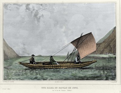 Titicaca Gölü'nde (Bolivya) bir Balsa veya döküntü teknesi. Emile Lassalle (1813-1871) tarafından litografi - Alcide D'Orbigny (1802-1857) tarafından “Güney Amerika'da Yolculuk”ta by Emile Lassalle