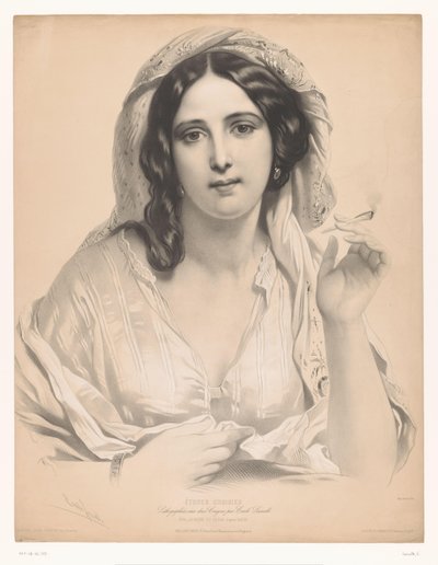 Elinde sigara olan peçeli genç kadın La reine du sérail (nesnedeki başlık) Seçilen sanatçıların çalışmaları (dizi adı) Etudes choisies (nesne üzerinde seri başlığı) by Emile Lassalle