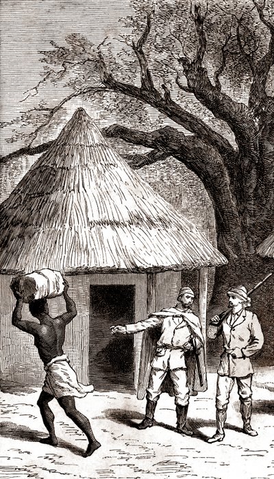Bir Afrika kulübesinin önünde kaşifler ve hamallar,1887 (