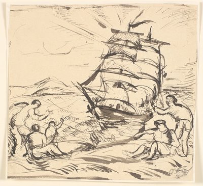 Yelkenli gemi ve el kol figürleri ile kıyı manzarası. by Emile Othon Friesz