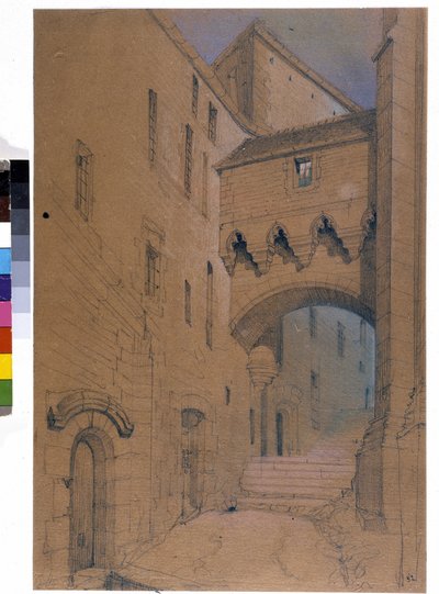 Büyük derecenin başlangıcını ve köprüyü tahkim eder. Mont Saint Michel. Emile Sagot