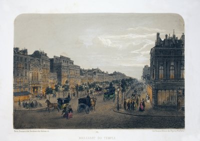 Boulevard du Temple, Paris. Litografi suluboya, illüstrasyon E.de la Tramblaiz, “Albüm, hediyelik eşya de Paris”te, Daziaro editörü, Paris by Emile de la Tramblais